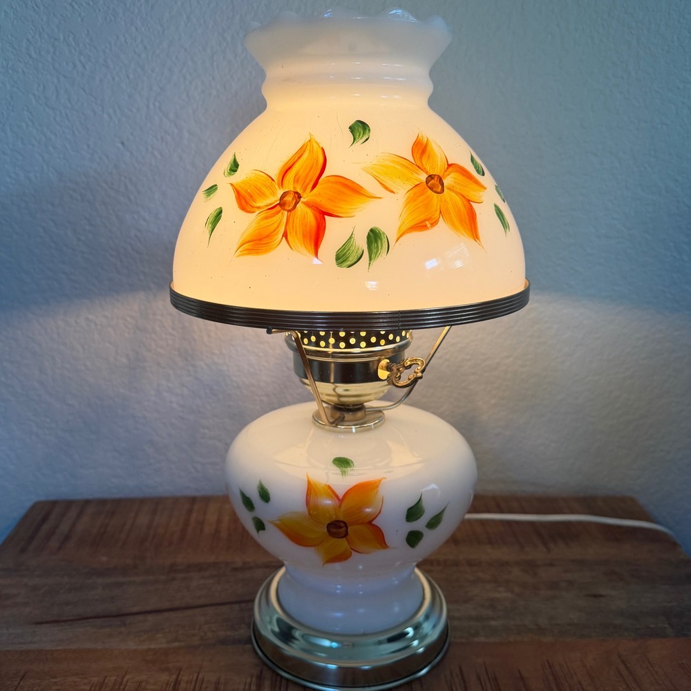 Vintage Milk Glass Hurricane Lamp Hand Painted Orange Floral Electric Victorian